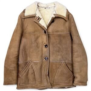 True Vintage Suede Shearling Coat Sherpa Lined Leather Tan Western Over Jacket M